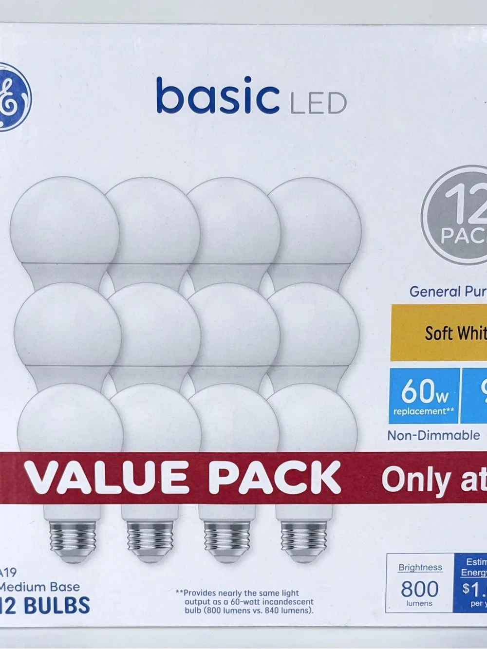 GE Basic LED A19 Soft White 60W Replacement 9W 800 Lumens 12 Pack NEW
